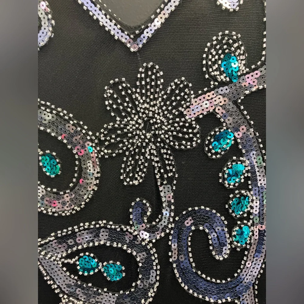 BabeYond black green and Silver peacock embroidered fringe flapper dress XL - Picture 15 of 15